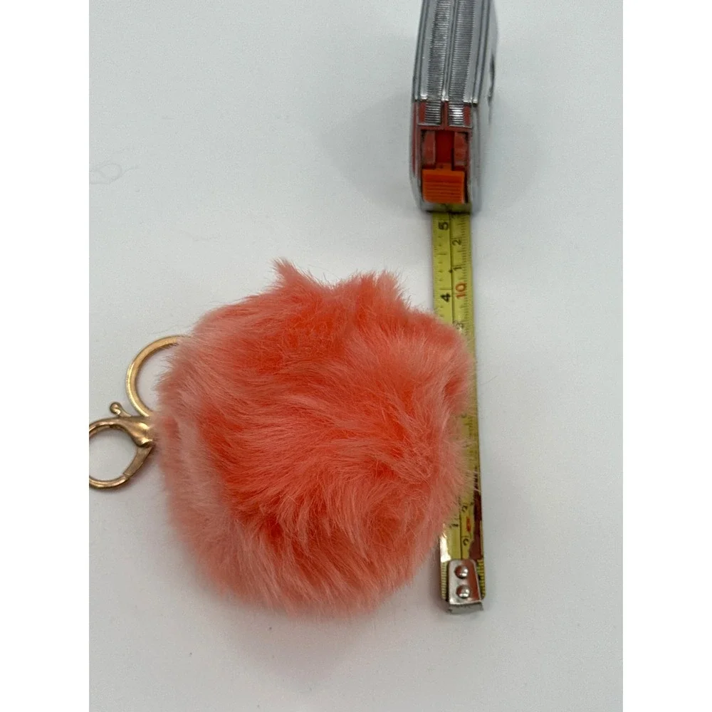 Faux Fur Pom Pom Keychain Coral Pink Peach Gold Tone Bag Charm Accessory